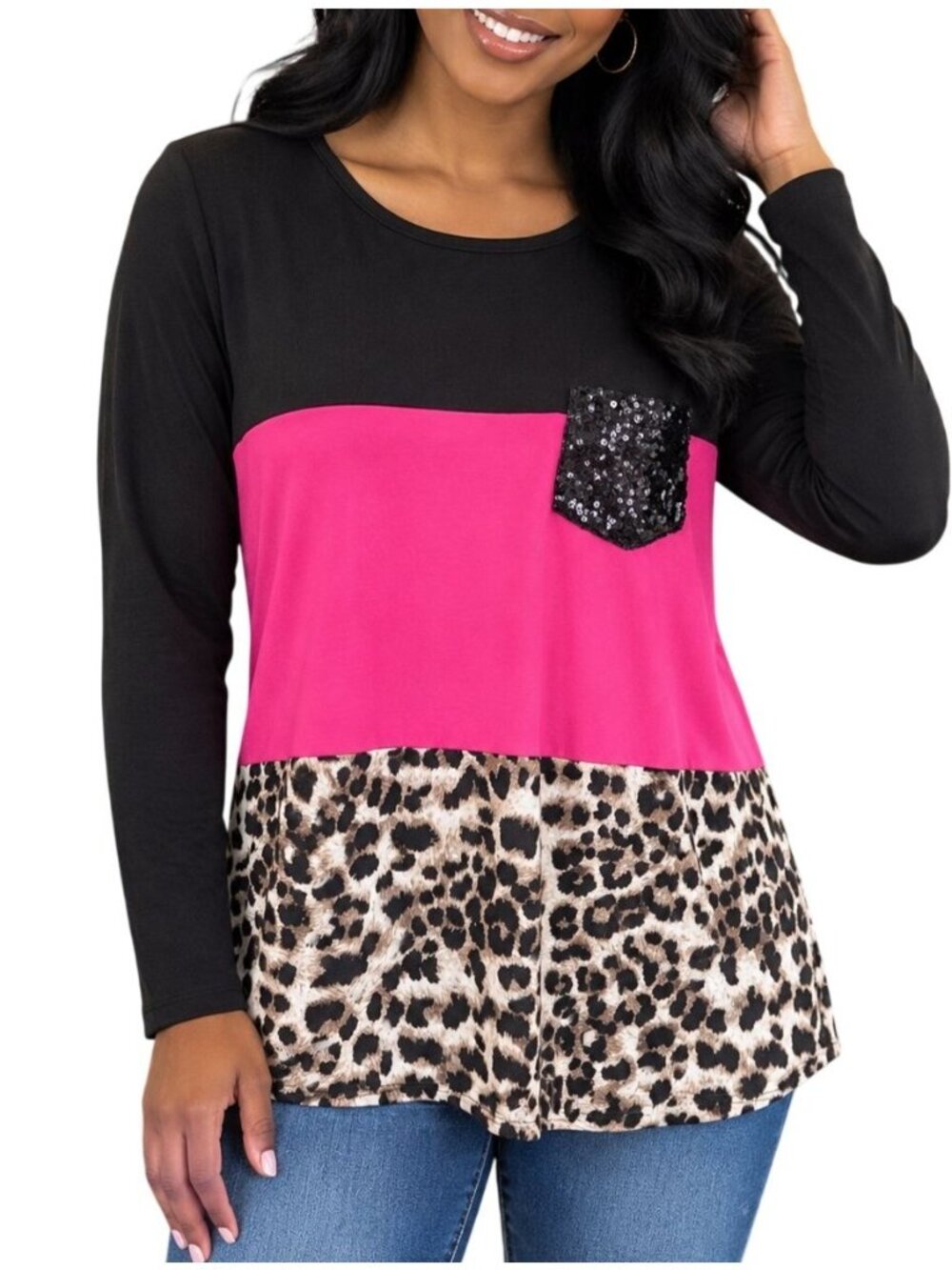 Heimish Size Medium Top Colorblock Leopard Long Sleeve Tunic Sequin Pocket